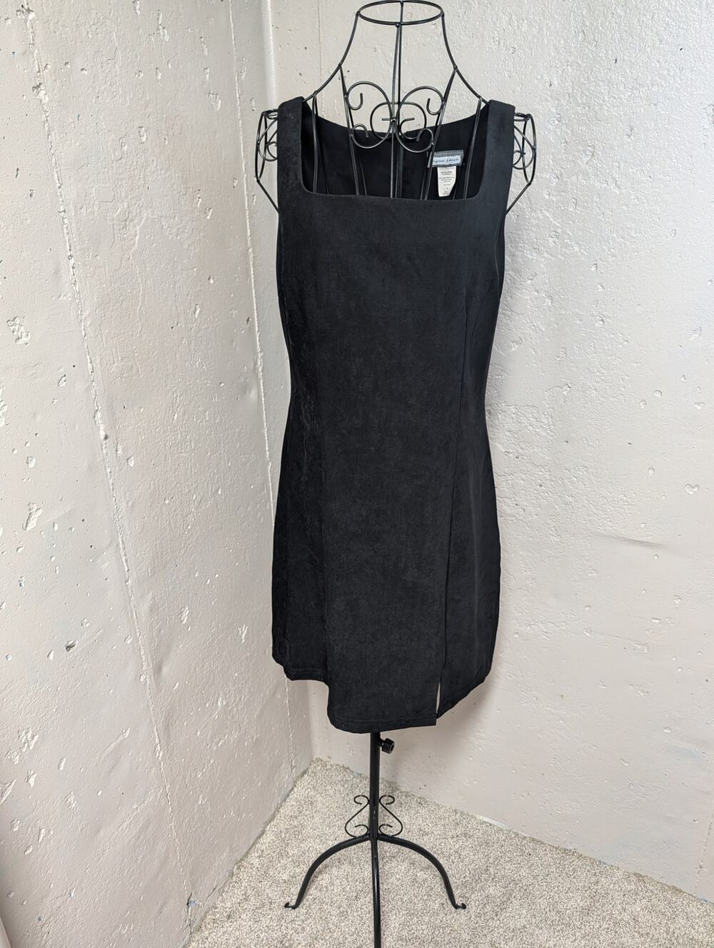 Vintage Aqua Blues Y2K Black Square Neck Bodycon Mini Dress faux suede texture
